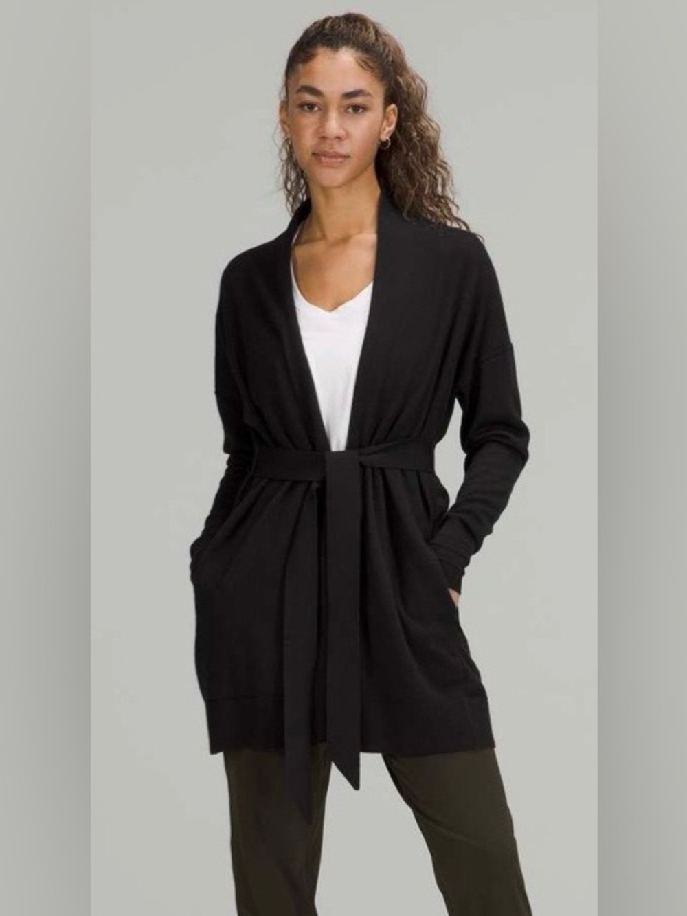 Lululemon Cotton Cashmere Knit Wrap Black Belted Open-Front Cardigan Size 2
